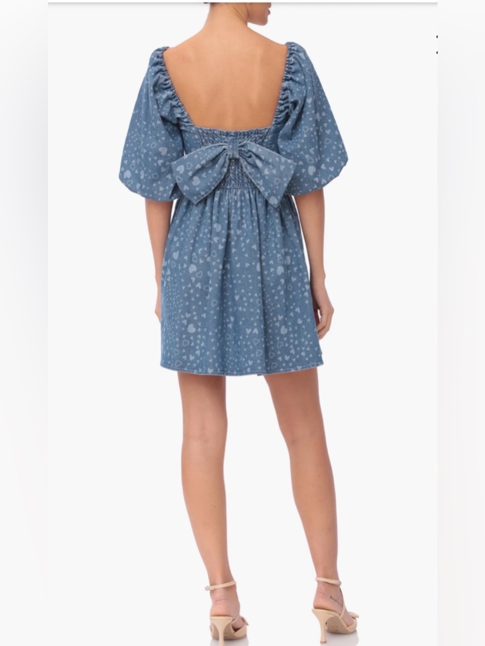 Avec Les Filles Blue Printed Puff-Sleeve Mini Dress with Back Bow